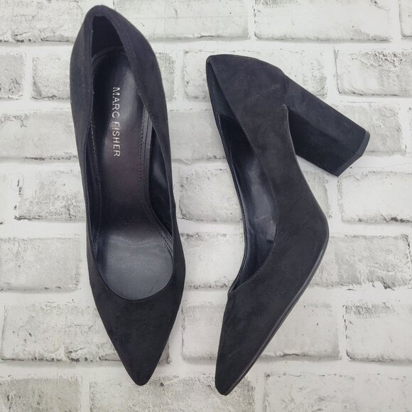 Marc Fisher Georgy Black Suede Block Chunky Heel Pointed Toe Heels Classic Sz 10 - Picture 1 of 7